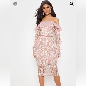 Pretty Little Thing Dusty Pink Bardot Lace Frill Sleeve Dress